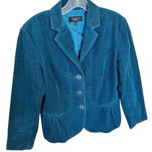 Talbots Womens Teal Corduroy Ruffled Petites Cotton Stretch Blazer Jacket Y2K